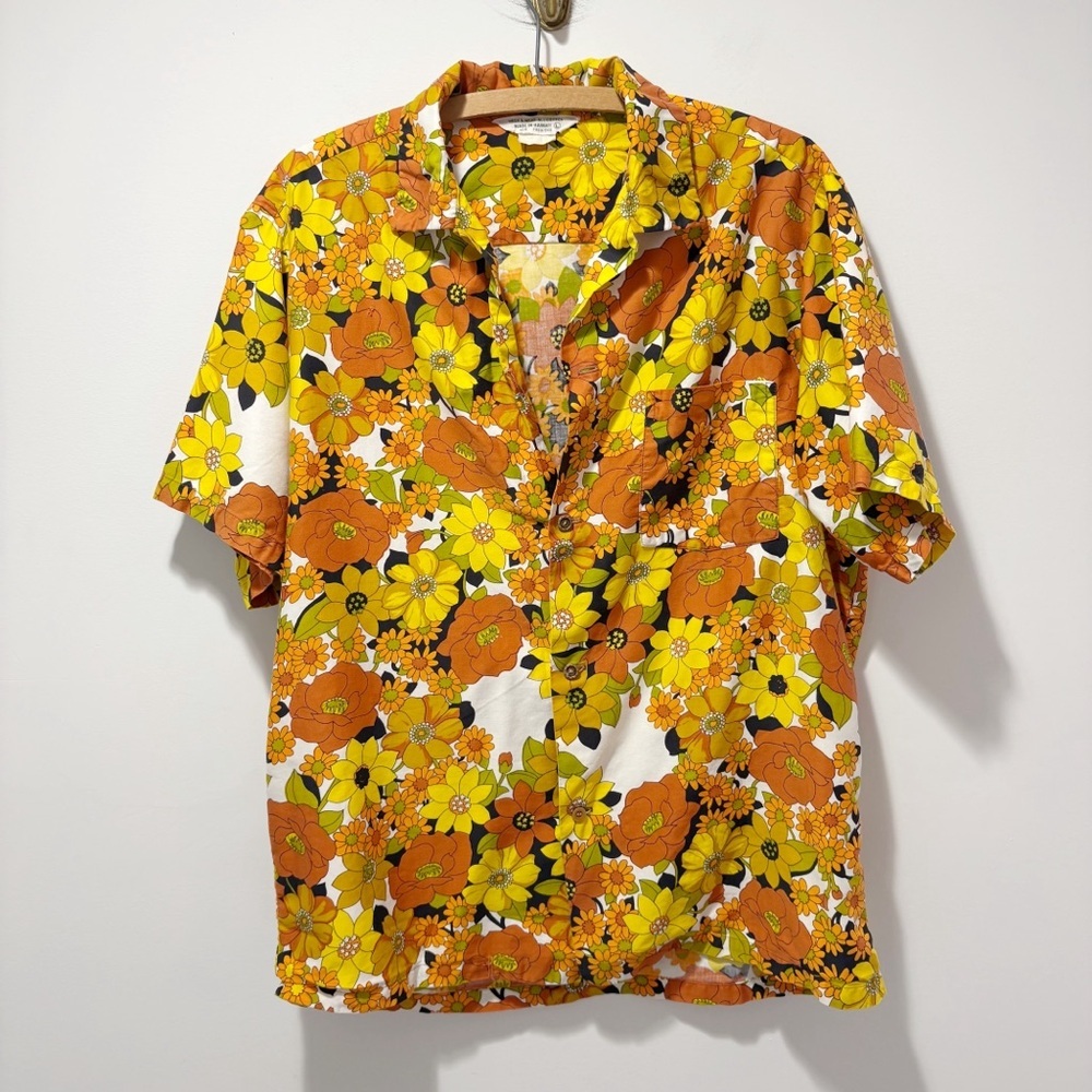 Vintage 60s 70s Hawaiian Shirt Size Large XL Hippie Groovy Floral Retro Tikki